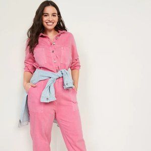 Long-Sleeve Cropped Jean Utility Jumpsuit in Pink Guava Heart